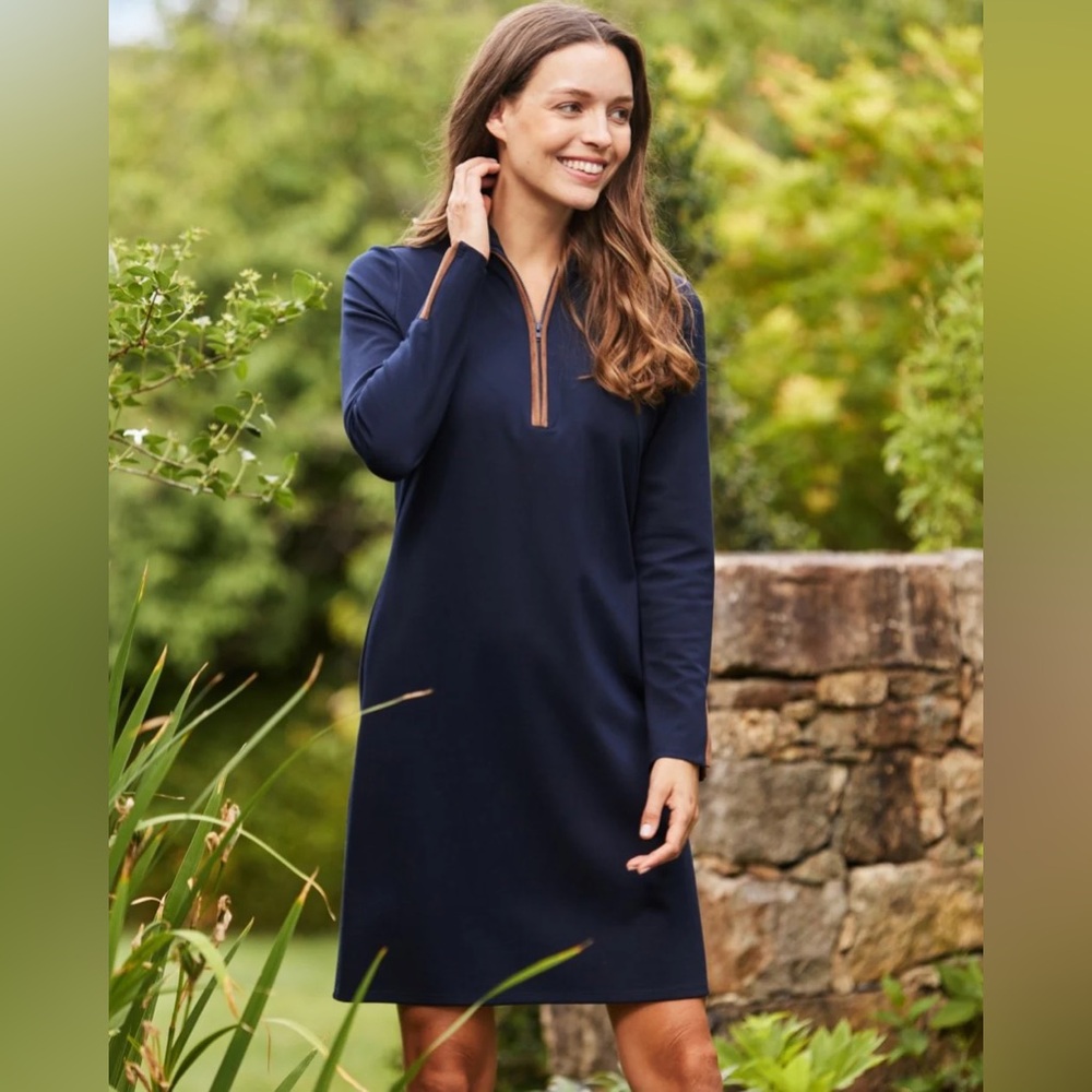 Tyler Boe Navy Stand Collar Leather Trimmed Sweater Dress Size XS